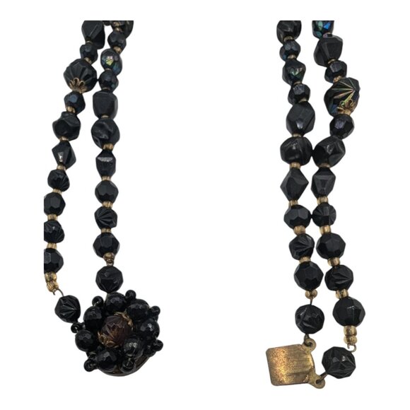 Vintage Western Germany Double-Strand Black Iridescent Bead Necklace Box Clasp - Picture 2 of 9